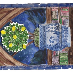 Bue Chinoiserie SC Lemon Tree Topiary collage Tea Towel