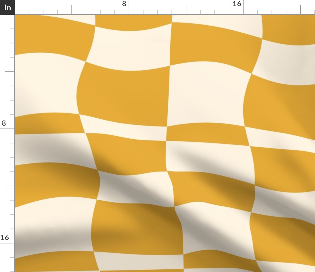 Wavy Retro 70s Checkers Geometric  Squares (LARGE) Saffron Yellow and  Eggshell White