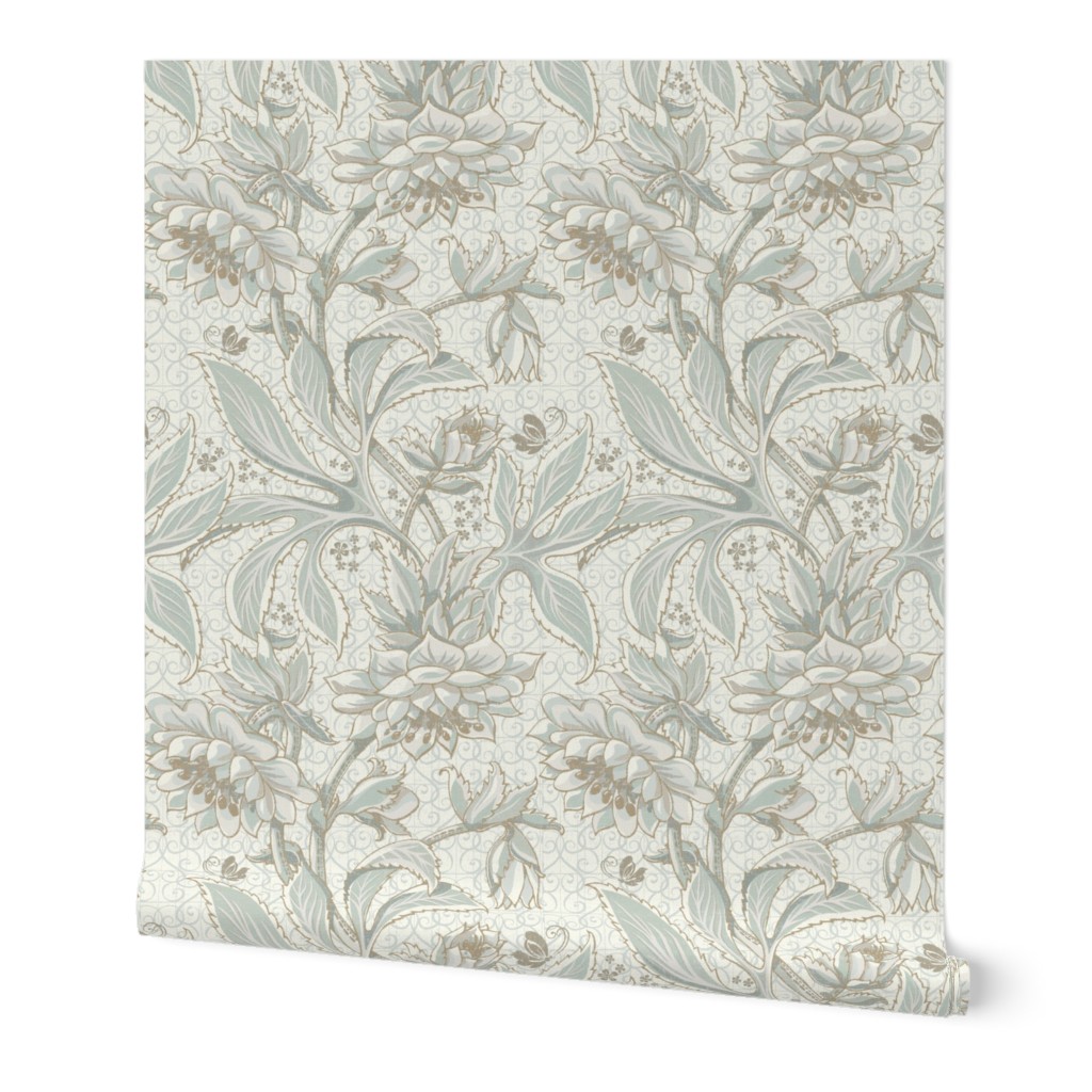 (M/textured) v.2.1 Victorian Lace Hellebore in Sage on Off-White / Victorian-Era Floral / Arts and Crafts Style / WGD-130 off-white Background /  13,5x18in medium scale  / see other scales in collection