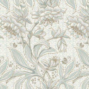 (M/textured) v.2.1 Victorian Lace Hellebore in Sage on Off-White / Victorian-Era Floral / Arts and Crafts Style / WGD-130 off-white Background /  13,5x18in medium scale  / see other scales in collection