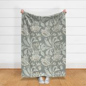 (XL/textured) v.3 Hellebore Garden on Dark Sage Green / Victorian-Era Floral / Arts and Crafts Style / WGD-143 (darker) Background  / 24x32in jumbo oversized scale  / see other scales in collection