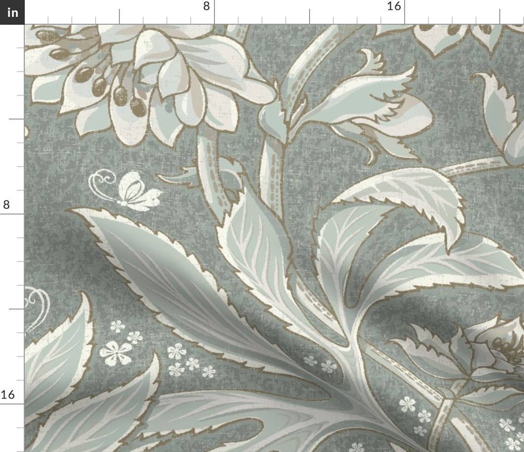 (XL/textured) v.3 Hellebore Garden on Dark Sage Green / Victorian-Era Floral / Arts and Crafts Style / WGD-143 (darker) Background  / 24x32in jumbo oversized scale  / see other scales in collection
