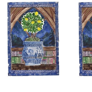 Lemon Tree Topiary Blue Chinoiserie Library Gothic Window 