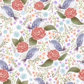 Lilac Grey Bird with Pink Camellia Flower Dream