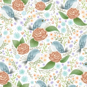 Turquoise Blue Bird with pale peach Camellia Flower Dream