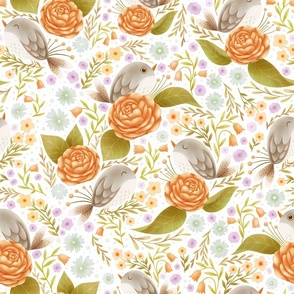 Pale Silver Bird with Pastel Orange Camellia Flower Dream