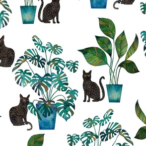 Large scale cat with houseplants watercolor green white
