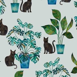 Large scale cat with houseplants watercolor green blue