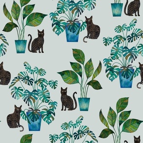 cat with houseplants watercolor green Blue