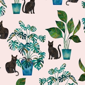 Large scale cat with houseplants watercolor green pink