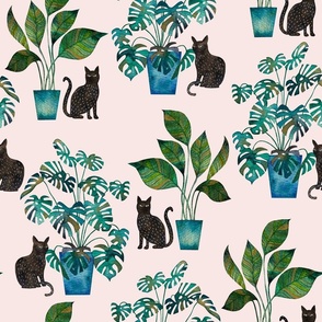 cat with houseplants watercolor green Blush  pink