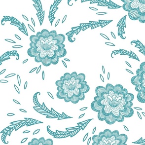 Large scale  Scandinavian folk flowers teal green and white