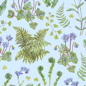 Ferns and Flora of Spring - Sky Blue