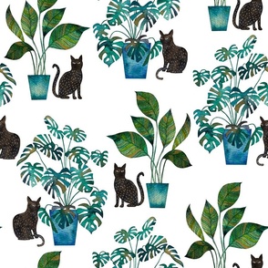 cat with houseplants watercolor green White