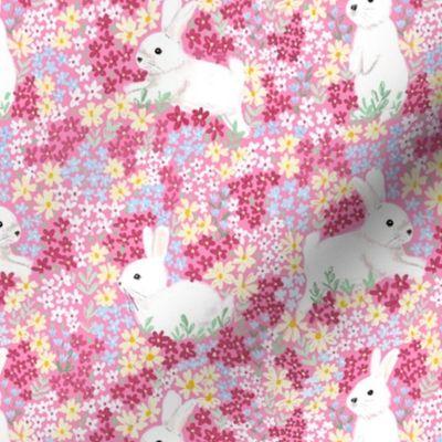 Easter bunnies with tiny flowers WB24 medium scale pink