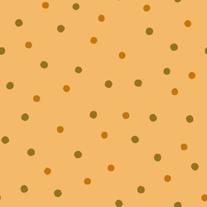 489 -  Small scale organic scattered polka dots in olive green and mustard on golden yellow - for wallpaper, duvet covers, curtains, table linen,sheets, kids apparel, children decor and baby accessories