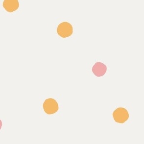 489 -  Jumbo scale organic scattered polka dots in baby pink and yellow on soft  bone white- for wallpaper, duvet covers, curtains, table linen and sheets.