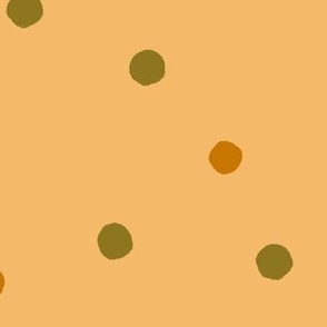 489 -  Jumbo scale organic scattered polka dots in olive green and mustard on golden yellow - for wallpaper, duvet covers, curtains, table linen and sheets.