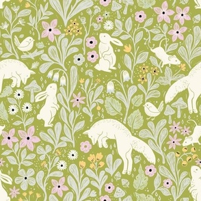 Woodland Cute Animals: foxes, birds, rabbits,mice, pink flowers, pale green background