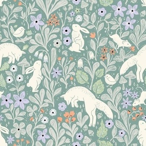 Woodland _Party of forest animals :Rabbit-Fox-Birds-Mice-Pale green-Purple flowers 