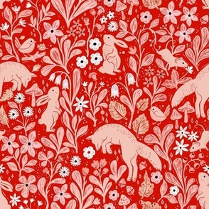 Rabbits, foxes, birds, and mice playing and hunting in the forest/woodland-in scarlet bright red with wild white flowers