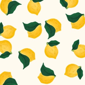 Watercolor lemons with leaves tossed on a cream white backdrop (large)