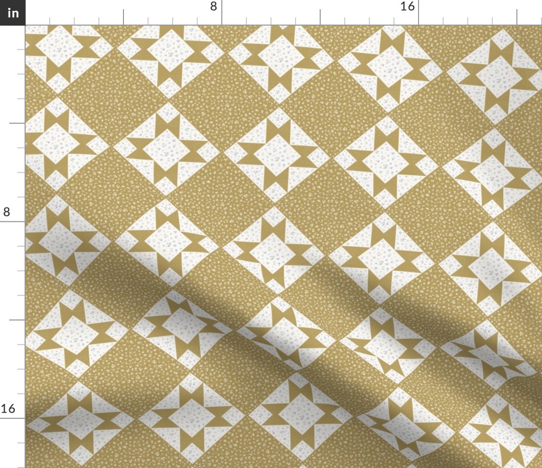 Faux Quilt, Yellow, Flowers, Quilt Star, Sawtooth Star, Cottage Core, Mustard
