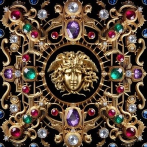 27 gold medusa baroque victorian black gold ornate filigree gems jewels ruby sapphire emerald amethyst red blue green white purple colorful frames gorgons Greek Greece mythology red carpet haute couture runway versac inspired   