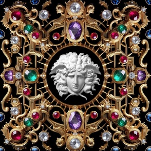 28 white marble gold medusa baroque victorian black gold ornate floral flowers filigree gems jewels ruby sapphire emerald amethyst red blue green white purple colorful frames gorgons Greek Greece mythology red carpet haute couture runway versac inspired  