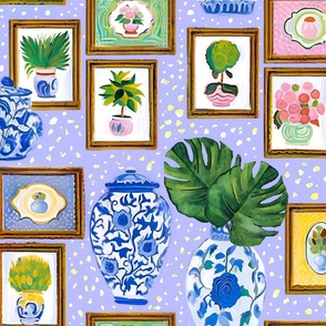Preppy gallery wall with topiary pictures and chinoiserie jars