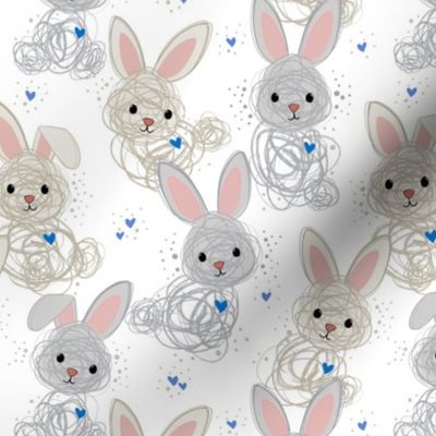 Baby Dust Bunny Line Art with Blue Hearts larger scale © Jennifer Garrett
