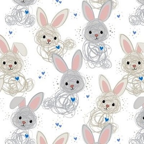 Baby Dust Bunny Line Art with Blue Hearts larger scale © Jennifer Garrett