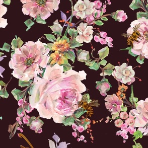 Moody Flowers Roses and Bees in Opera Pink -Elegant Brown