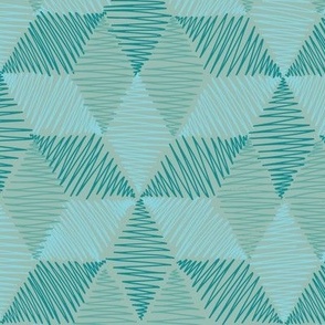  (Medium) Scribbled Rhombus Stars “Scribbled diamond cubes “ in teal greens, light green and fawn
