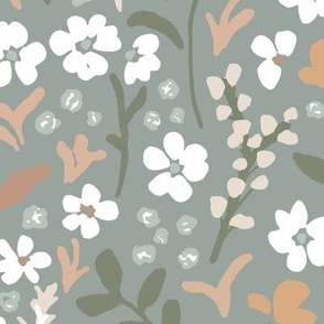 Large Scale woodland floral in teal burnt orange beige and earth tone colors