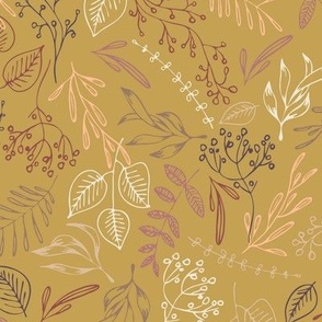 delicate and sophisticated leaves in white, pink, apricot, peach fuzz, marsala, almond, grapeade, sauterne on goldenrod yellow
