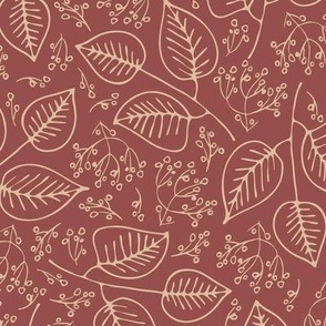 beige delicate and sophisticated leaves and bunches of berries whimsical on redwood red