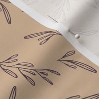 dark violet delicate and sophisticated leaves whimsical on tan brown background