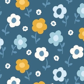 Simple Modern Blue, White and Yellow Daisy Floral