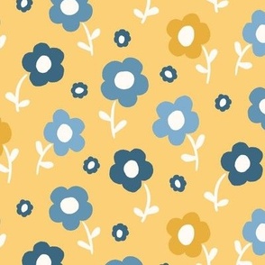 Scandinavian Modern Blue, White and Yellow Daisy Floral