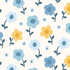 Scandinavian Modern Blue, White and Yellow Daisy Flowers Low Volume