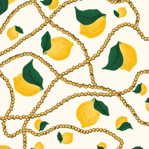 Watercolor lemons and gold pearl chains on off-white backdrop (large)