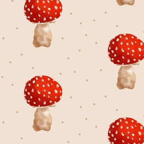 Watercolor Forest Mushroom on Beige background with dots