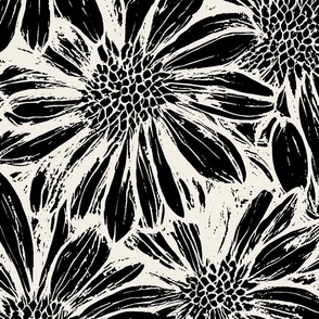 Daisy lino  block print-black and cream-large scale 