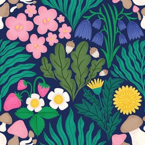 Magical forest with flowers, mushrooms, leaves in bold colours - large scale