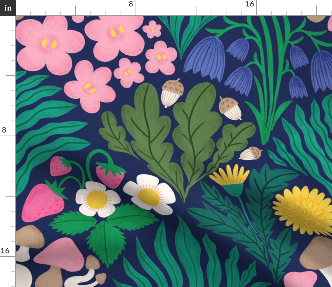 Magical forest with flowers, mushrooms, leaves in bold colours - large scale