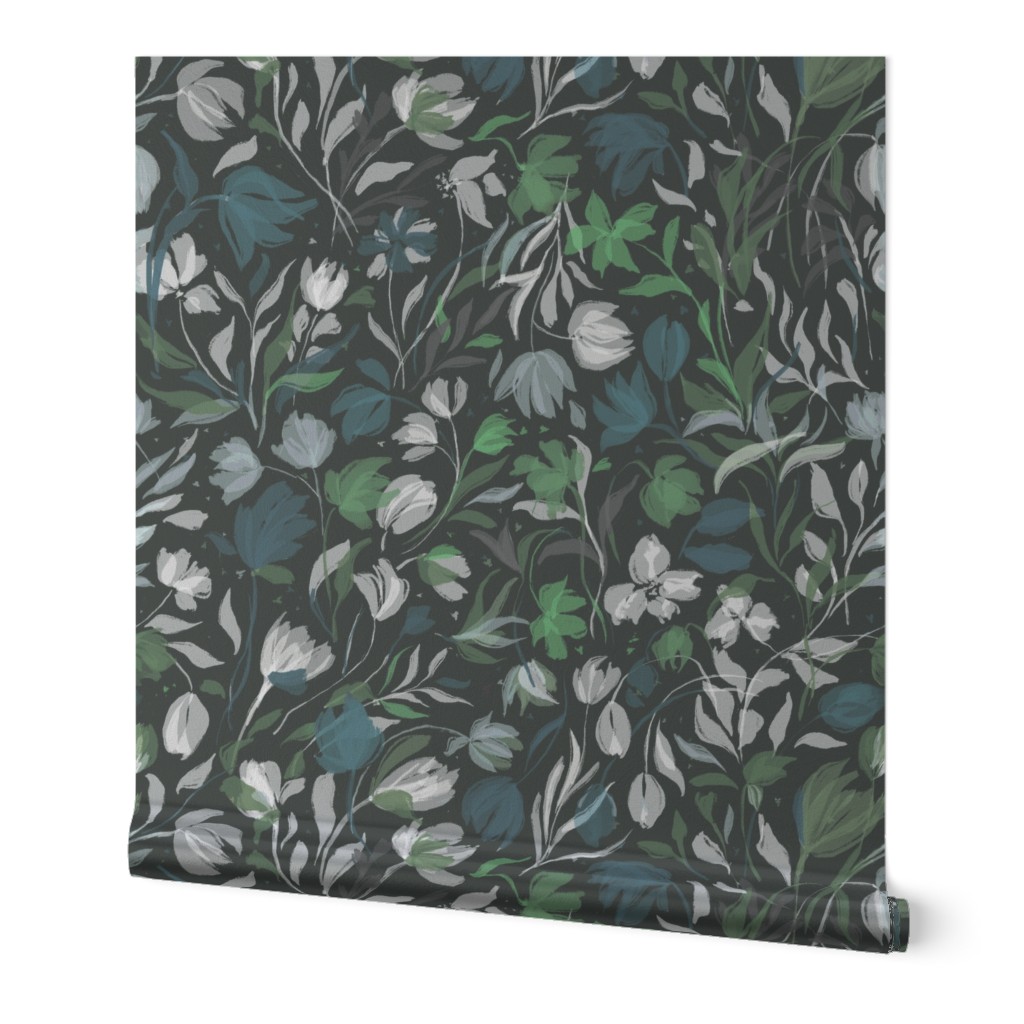 (l) dark night forest florals | blue green white black | large scale