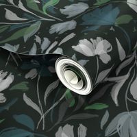 (l) dark night forest florals | blue green white black | large scale