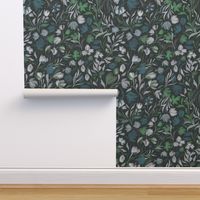 (l) dark night forest florals | blue green white black | large scale