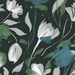 (l) dark night forest florals | blue green white black | large scale